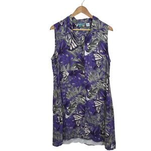 Vintage Bahama Beach Size Large Purple Tropical Butterfly Print Shirt Dress
